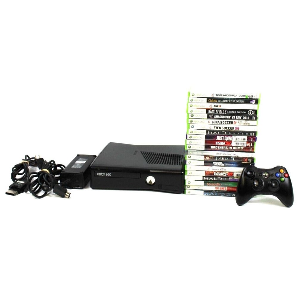 Xbox 360 Console S Slim 1439 Black Console + Cables + Controller + 20 Games Lot